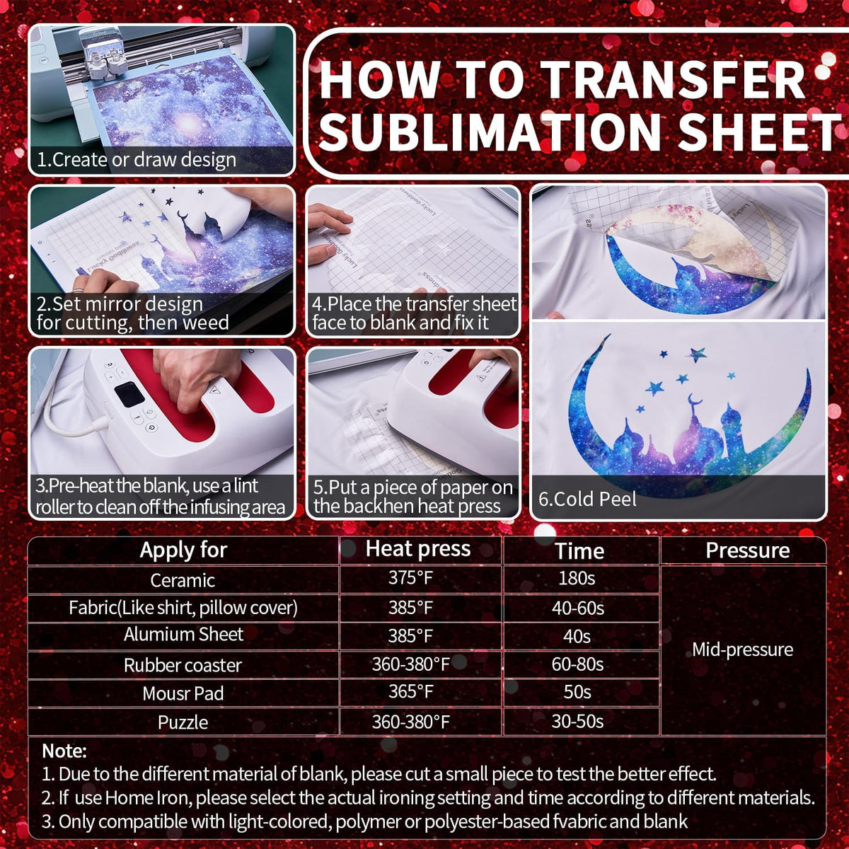 Red Sublimation Transfer Sheets for Heat Press Machine, 12x12inch Glitter Sublimation Paper for Tumblers Blanks Tshirts,8 Sheets