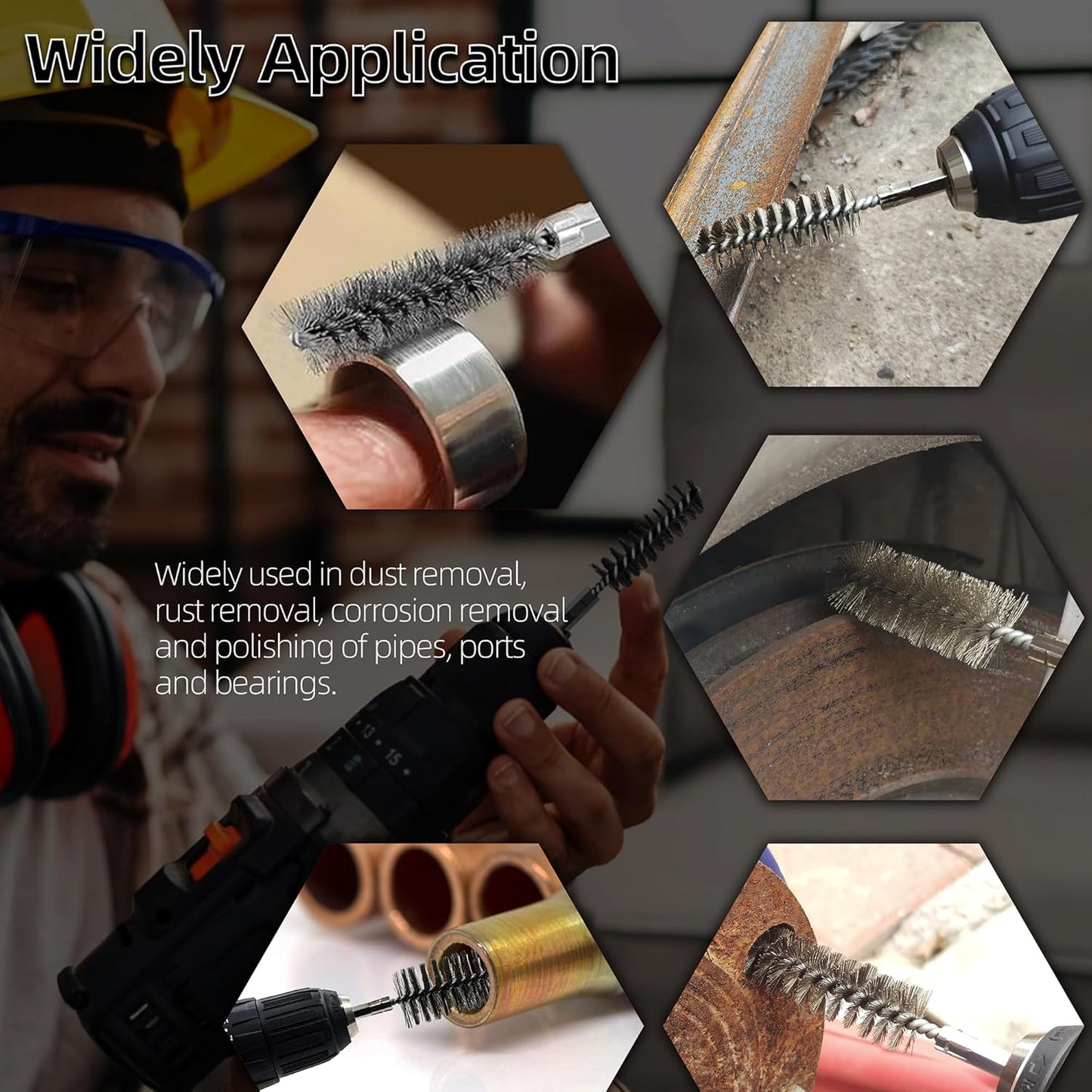 ASNOMY 6Pcs Wire Bore Brush for Drill,1/2” 3/4” 1” Stainless Steel Copper Pipe Cleaner Set for Power Drill Cleaning,Abrasive Drill Wire Brush with 1/4" Hex Shank
