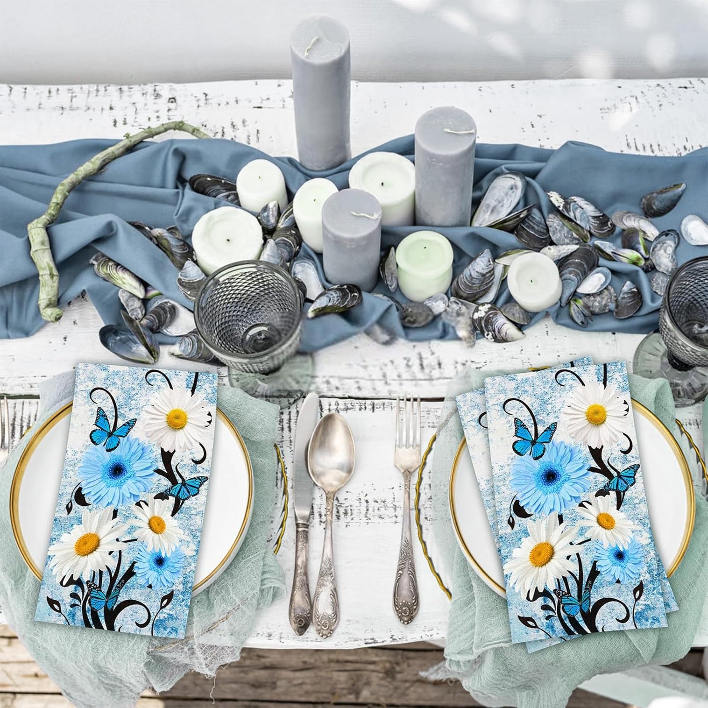 60 Pack 3 Styles Floral Napkins-Blue Party Supplies Vintage Flower Paper Napkins Tea Party Decorations for Birthday,Baby Shower, 12.9 * 15.7 inch