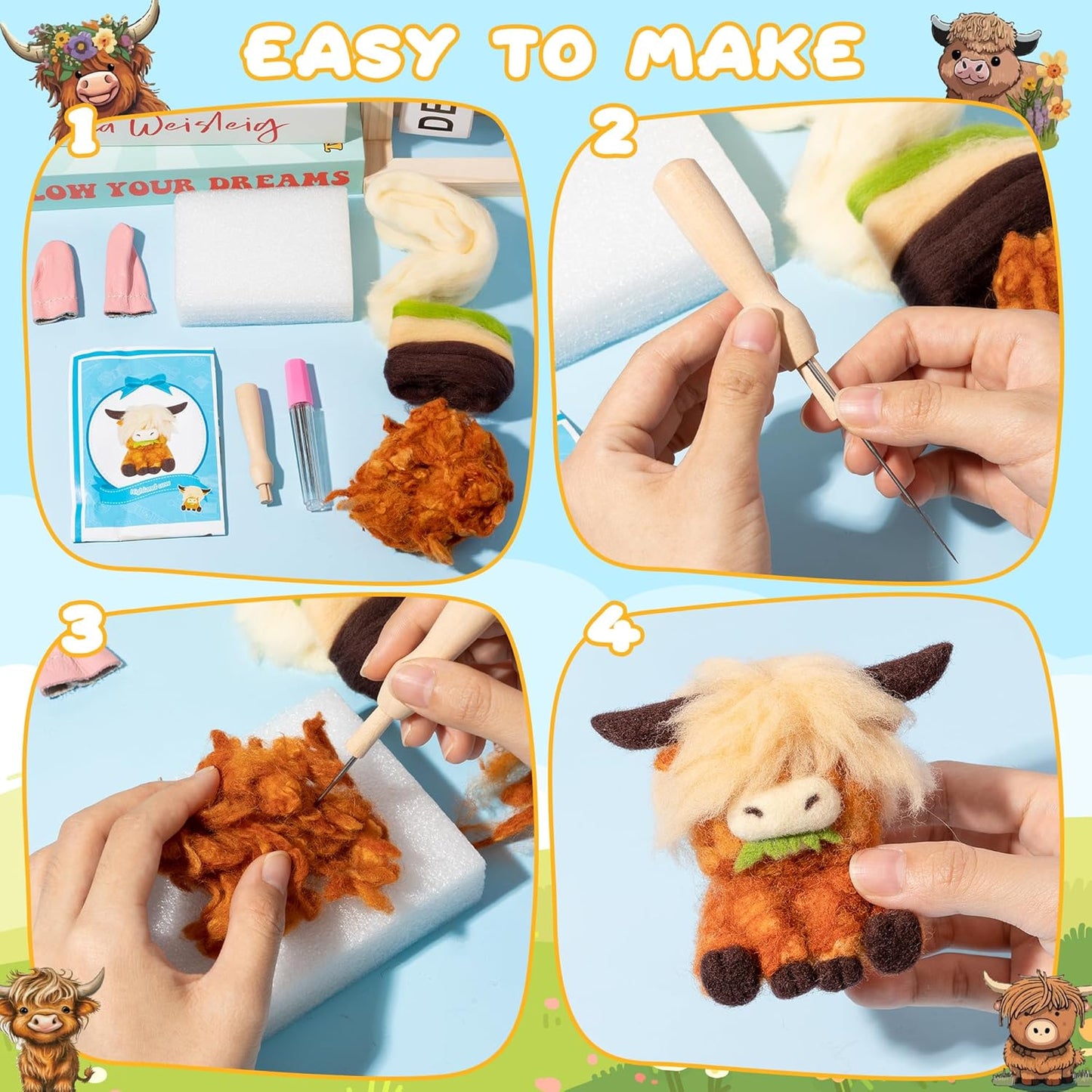 WATINC Needle Felting Kit - 3 Set Unique Different Cute Doll Wool Felt Needle Tools Foam Pad Instruction, DIY Home Decoration Craft Party Supplies for Art Work Starter Beginners (Highland Cow)