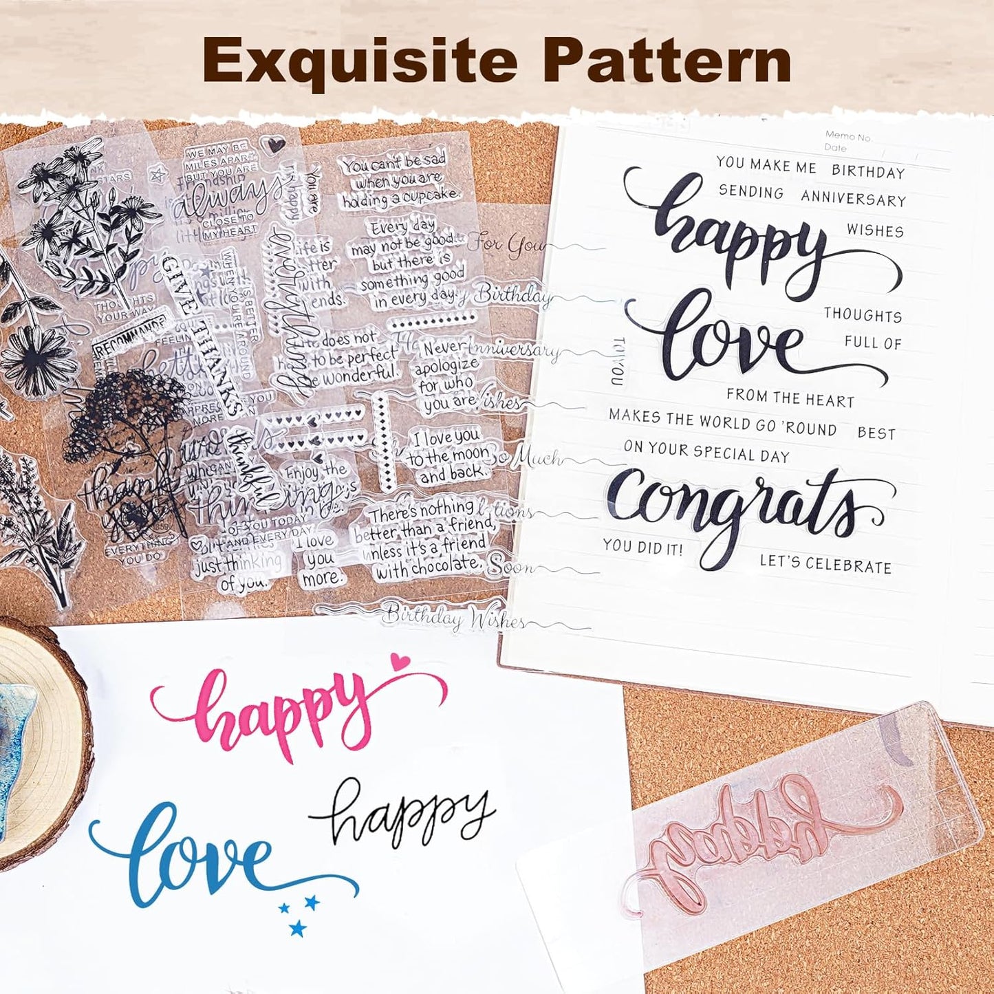 UCEC 4 Sheets Words Clear Stamps for Card Making Silicone Stamp with 2 PCS Acrylic Stamp Block for Easter Birthday Holiday Card and DIY Scrapbooking Journal(Classic)