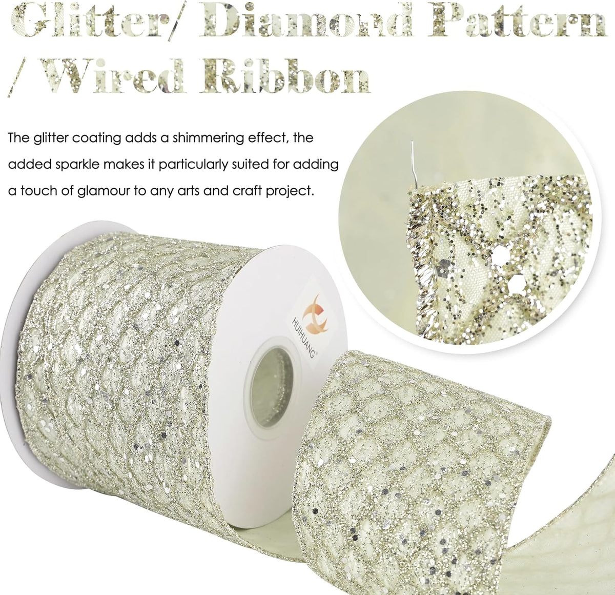 HUIHUANG Champagne Wired Ribbon 4 inch Glitter Christmas Tree Ribbon Diamond Mesh Wire Ribbon for X-mas Tree Decorations, Wreaths, Garland, Large Bows Making, Wedding Decor -10 Yards