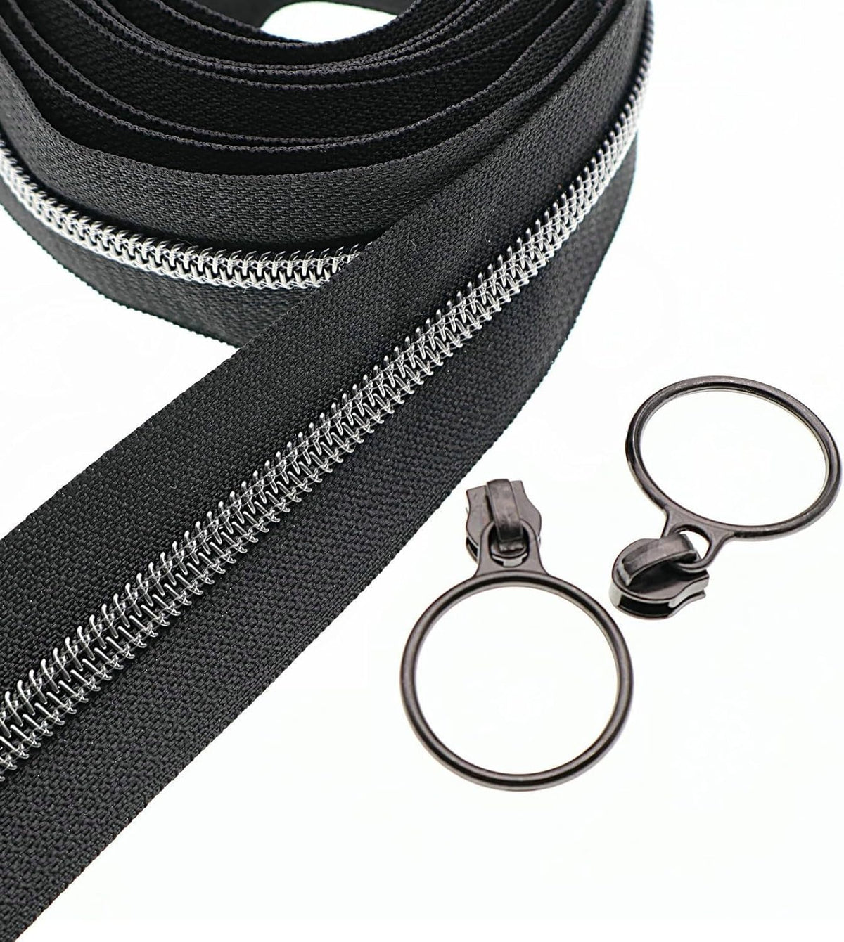 Leekayer #5 Black Nickel Metallic Nylon Coil Teeth Zippers by The Yard Bulk 10 Yards Black Zipper Tape with 25pcs Black Nickel Ring Pull Sliders for DIY Sewing Tailor Craft Bag(Black)