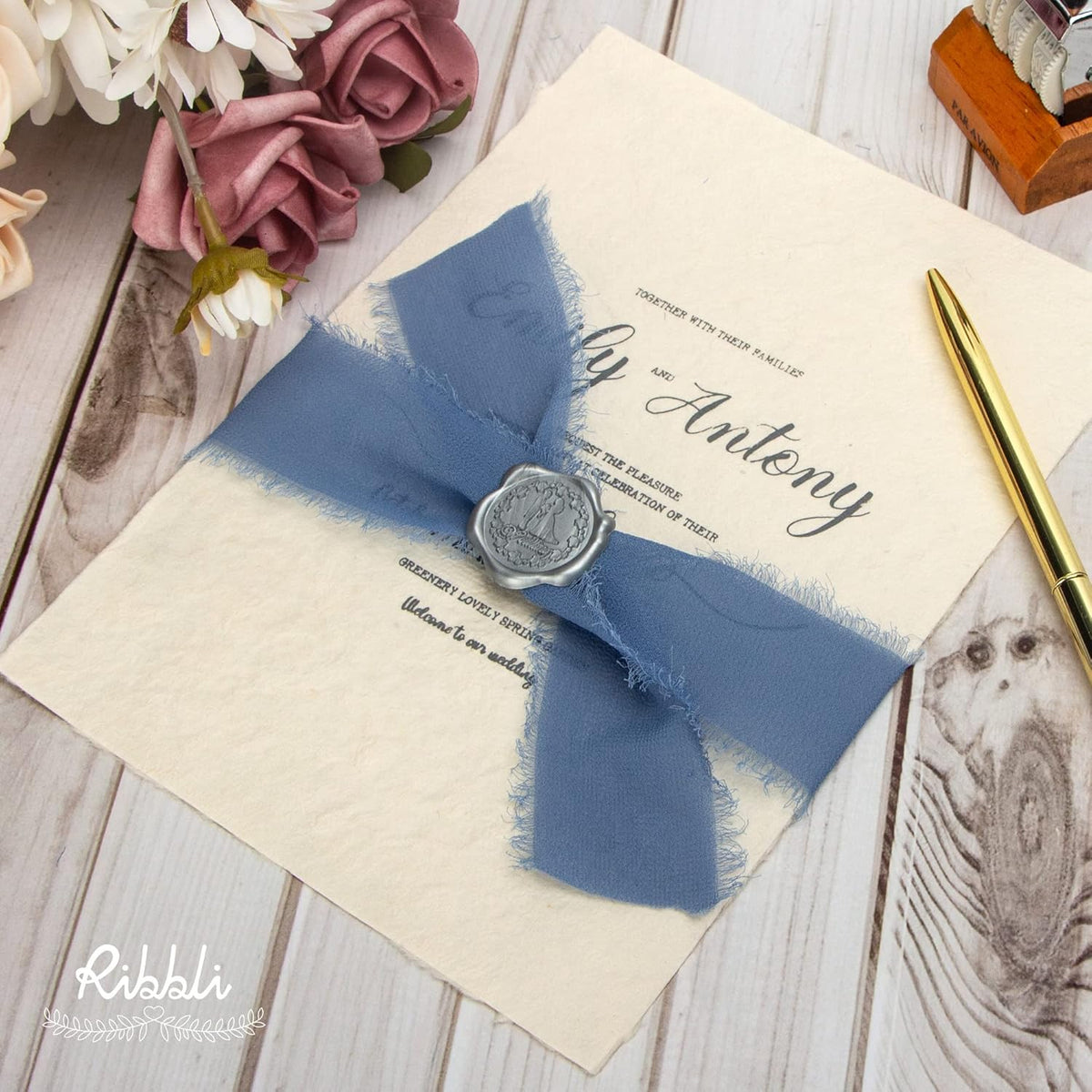 Ribbli Chiffon Silk Ribbon, 1.5 in x 30 Yards, White/Slate Blue/Dusty Blue Fringe, Wedding Invitations, Bridal Bouquets, Flower Arrangement