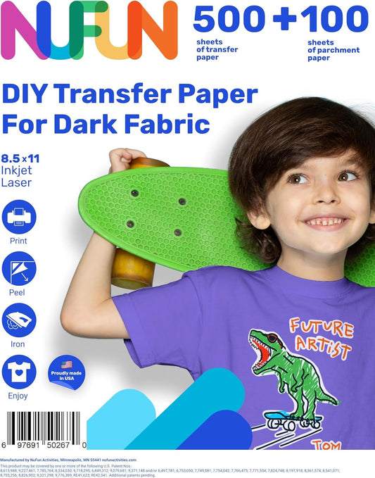 NuFun Activities Printable Iron-on Heat Transfer Paper for T Shirts, Dark Fabrics, 500 Sheets 8.5 x 11 inch, Long Lasting, Durable, Professional Quality, Easy DIY, Non-Toxic, Made In the USA