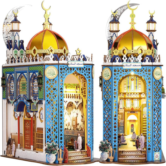 DIY Book Nook Kit, 3D Wooden Puzzle Mosque Miniature Booknook Bookend Bookshelf Decor with LED Light, The Tiny House for Adults Teen, Dollhouse Kit (Mosque)