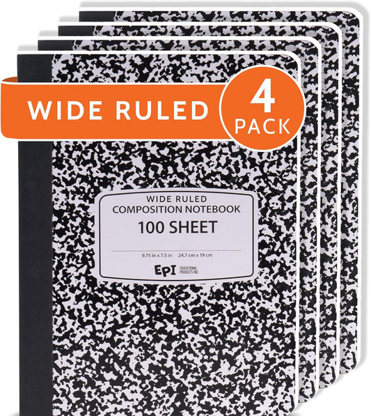 EPI Marble Hardcover Wide Ruled Composition Notebook | 200 Pages (100 Sheets), 9.75 x 7.5 in, Sturdy Sewn Binding | School, Office, Journaling, Notes - 4 Pack