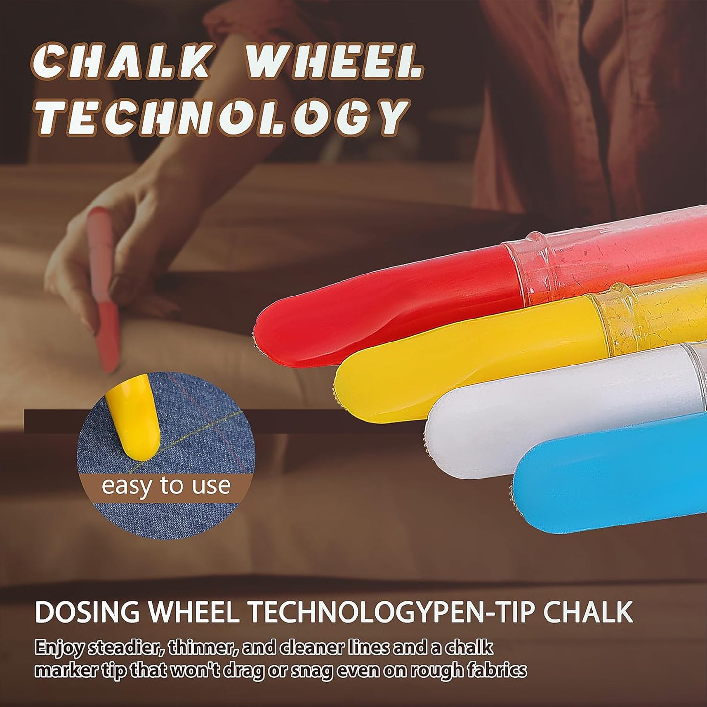 Fabric Chalk Markers for Sewing,Quilting,Crafting|Erasable Tailor Chalk|Work on Various Fabrics|Dosing Wheel Drawing Precise Line(2pk Yellow,White professional tailors chalks pencil&1Ruler)