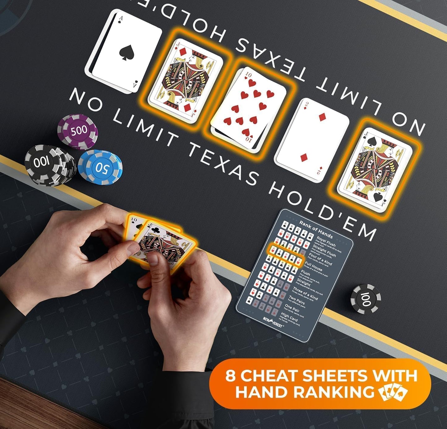 Newverest Poker Table Top 70" x 35", Texas Hold'em Poker Mat for Home Game Nights Up to 10 Players, Casino| Poker Topper Cloth for Tables in Zipper Storage Bag with 8 Coasters in Poker Gift-Ready Box
