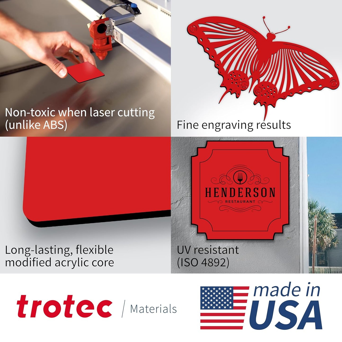 Trotec TroLase | 12"x12"x1/16", 8 Pcs | Red/Black | 2 Ply | Modified Acrylic | Laser Engraving Double Color Plastic Sheet | Engraving Blanks for Laser, Saw, Guillotine | Made in USA
