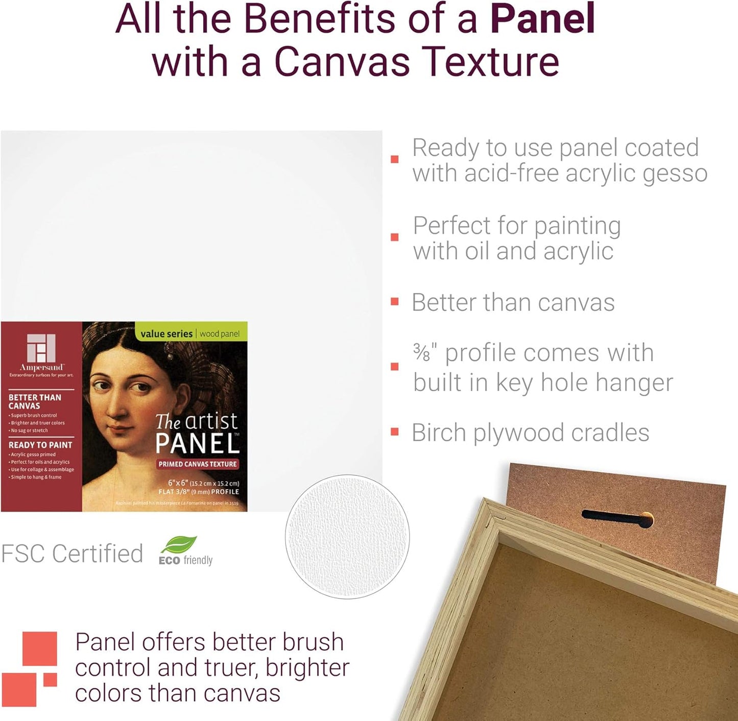 Ampersand Art Supply Wood Gesso Art Painting Panel: Canvas Texture, 3/4 Inch Cradle, 6" x 6"