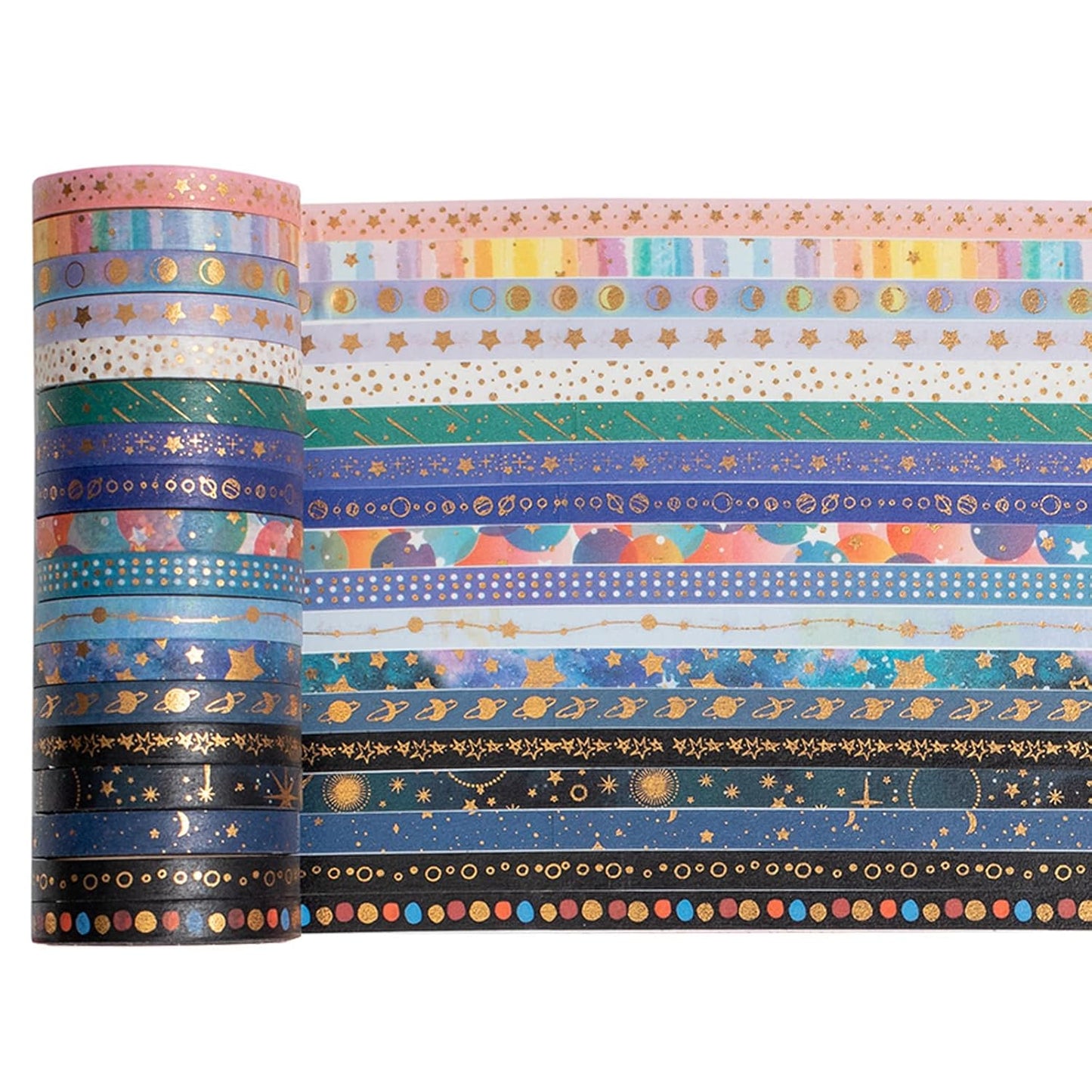 YUBX Skinny Galaxy Washi Tape Set 30 Rolls Gold Foil Decorative Starry Space Masking Tapes for Arts, DIY Crafts, Journals, Planners, Scrapbook, Wrapping