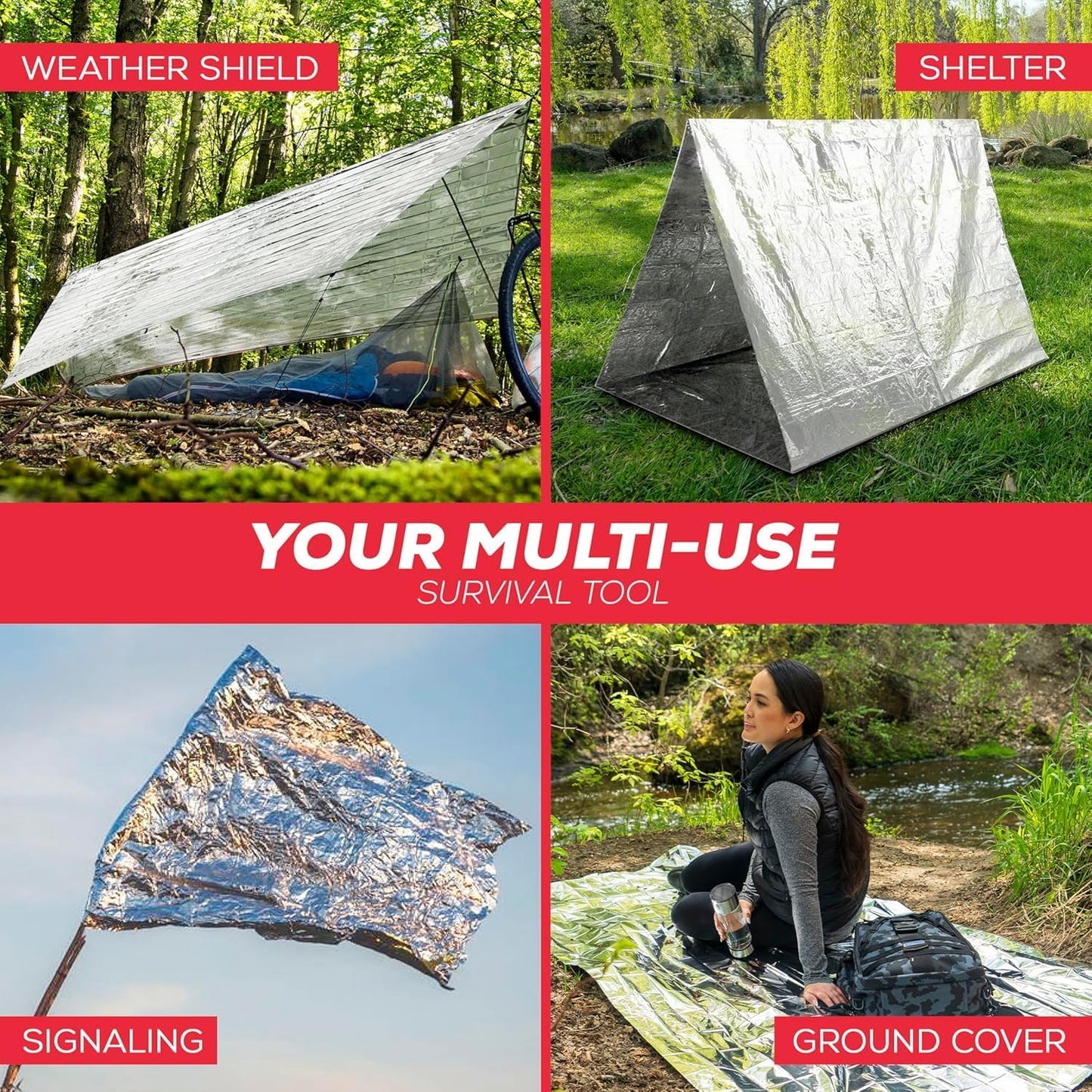 Emergency Blanket 4-Pack Space Mylar Blankets Survival Gear and Supplies Reusable Thermal Camping Hunting Essentials First Aid Car Emergency Kit Prepper Bug Out Bag Foil Warm Cat Cold Snow Winter