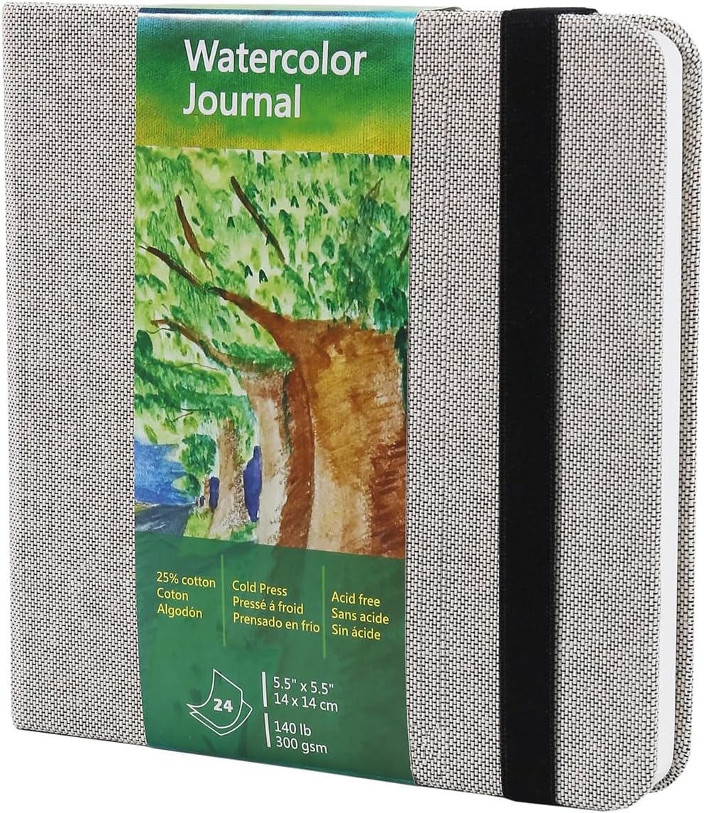 tumuarta Square Watercolor Journal, 5.5x5.5”, 140 LB, 300 GSM, Cotton Paper, Cold Press, 24 Sheets, 48 Pages, Watercolor Paper SketchBooks for Use As Mix Media Pad On The Go