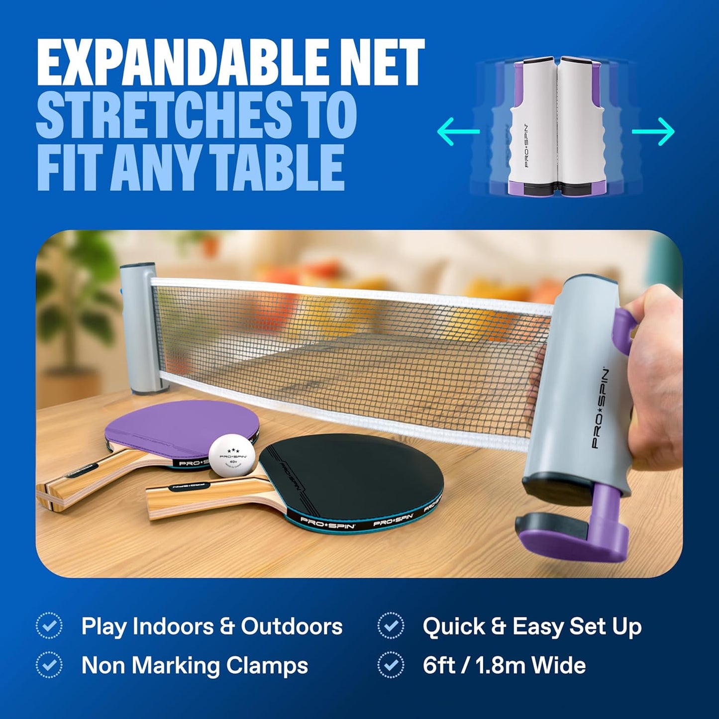 PRO SPIN All-in-One Ping Pong Set - Retractable Ping Pong Net for Any Table (72"), Ping Pong Paddles and Balls, Storage Case - Portable Table Tennis Family Games, Gifts for Boys & Girls