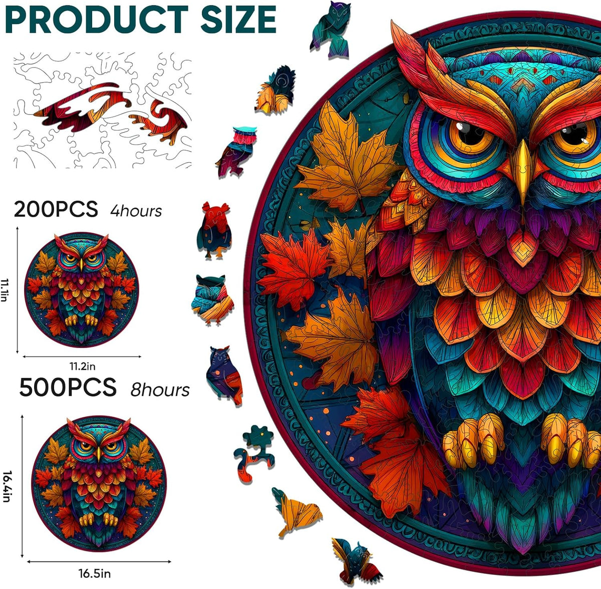 Wooden Puzzles for Adults, Colorful Owl Puzzles 500 Pieces, Unique Shaped Jigsaw Puzzles for Adults and Kids, Birthday Gifts Fun Challenge Family Game 16.5'' x 16.5''