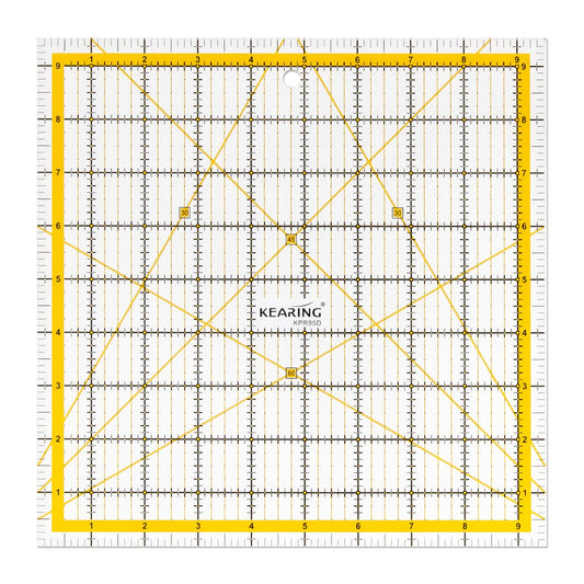 KERING Square Quilting Ruler - 9.5x9.5 inch Anti-Slip Acrylic Ruler for Patchwork Piecing, Bias Strips & Rotary Cutting, Professional Quilter's Tool with Dual-Angle Guide