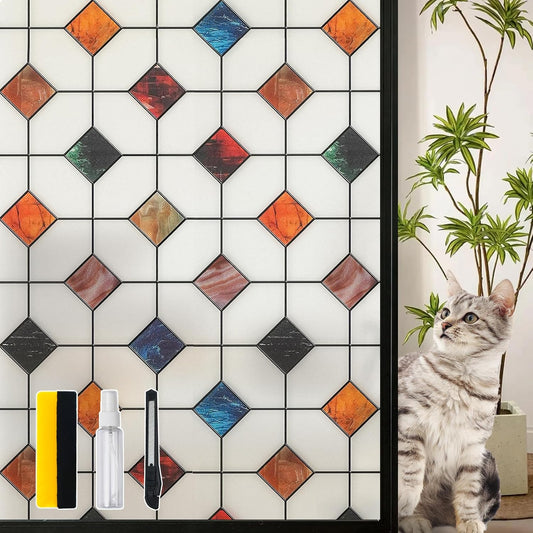 DKTIE Stained Glass Window Film Geometric Patterns, Fine Frosted Window Clings for Glass Windows, Waterproof for Bathroom Window Privacy Film Day and Night (S533, 35.4in X 78.7in)