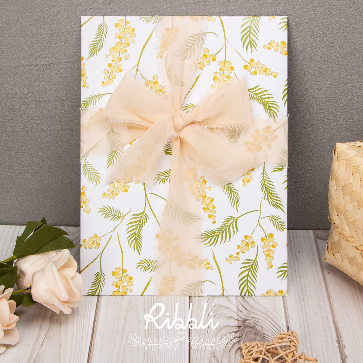 Ribbli Champagne Chiffon Ribbon 1-1/2 inch x 20 Yard Handmade Fringe Chiffon, Nude Silk Ribbon for Wedding Invitations, Bridal Bouquets Wrapping, Flower Arrangement Decoration