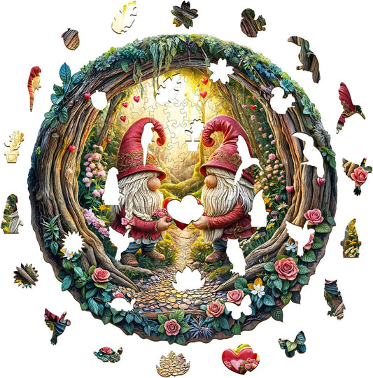 KAAYEE Wooden Puzzles for Adults, 3D Visual Effect Gnome Couple Wooden Jigsaw Puzzle Unique Shape Wood Puzzle Adult, 3D Effect Flat Puzzle Birthday Family Games (S-8.5 * 8.4in-100pcs)