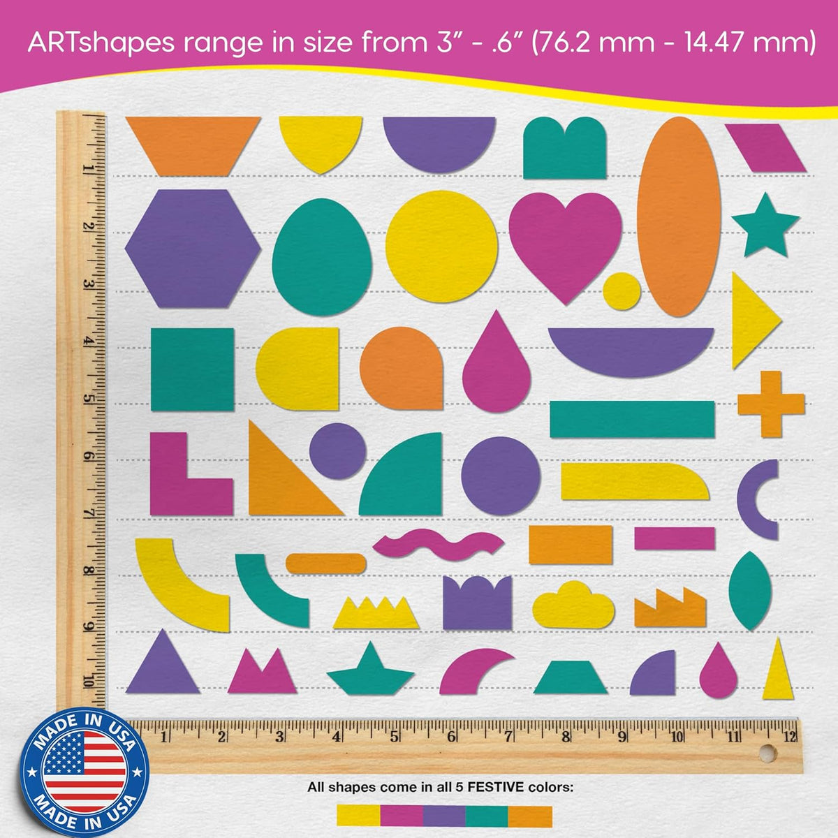 ARTshapes 840 pc Creative Paper Shapes Pack with 70+ Idea Guide - US Made Card Stock - Punch Out Funky DIY Craft Supplies for Whimsical Art Designs, Paper Crafts, and Pattern Play 5 Festive Colors