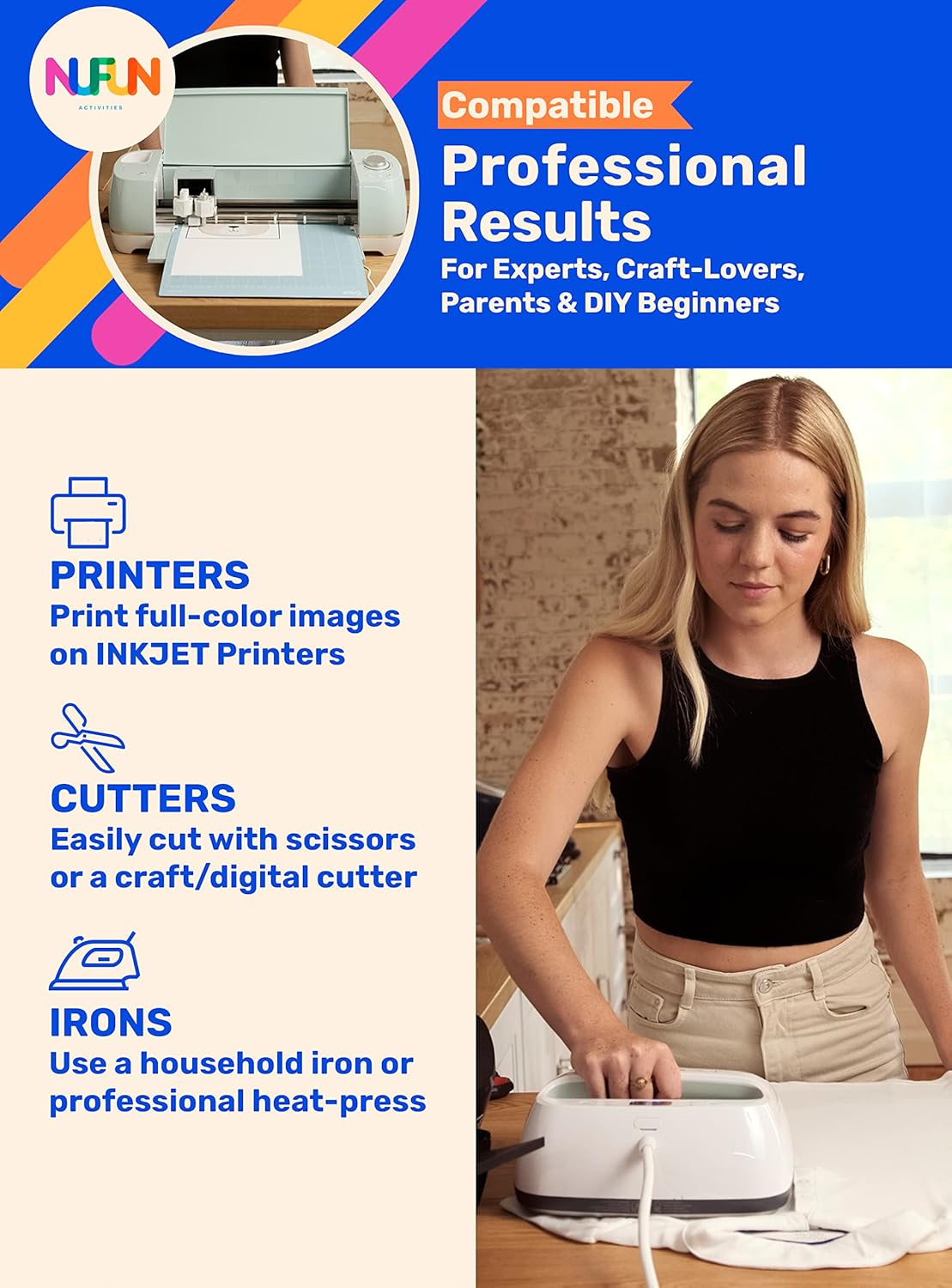 NuFun Activities Ink Jet Printable Iron-on Heat Transfer Paper for T Shirts, Light Fabrics, 10 Sheets 8.5 x 11 inch, Long Lasting, Durable, Professional Quality, Easy DIY, Non-Toxic, Made in The USA