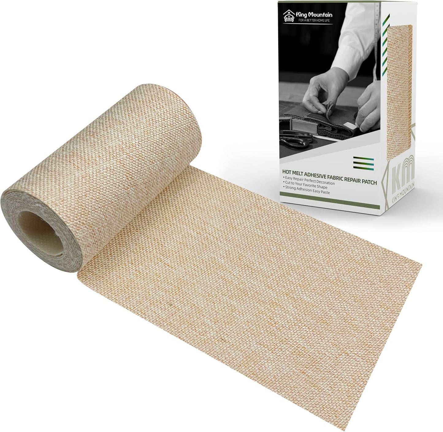 KING MOUNTAIN Linen Fabric Iron-on Repair Patch, Inside&Outside Fabric Repair Patch, 3"x60" with Backing Glue Linen Repair Decorative Patch kit (Light Beige)