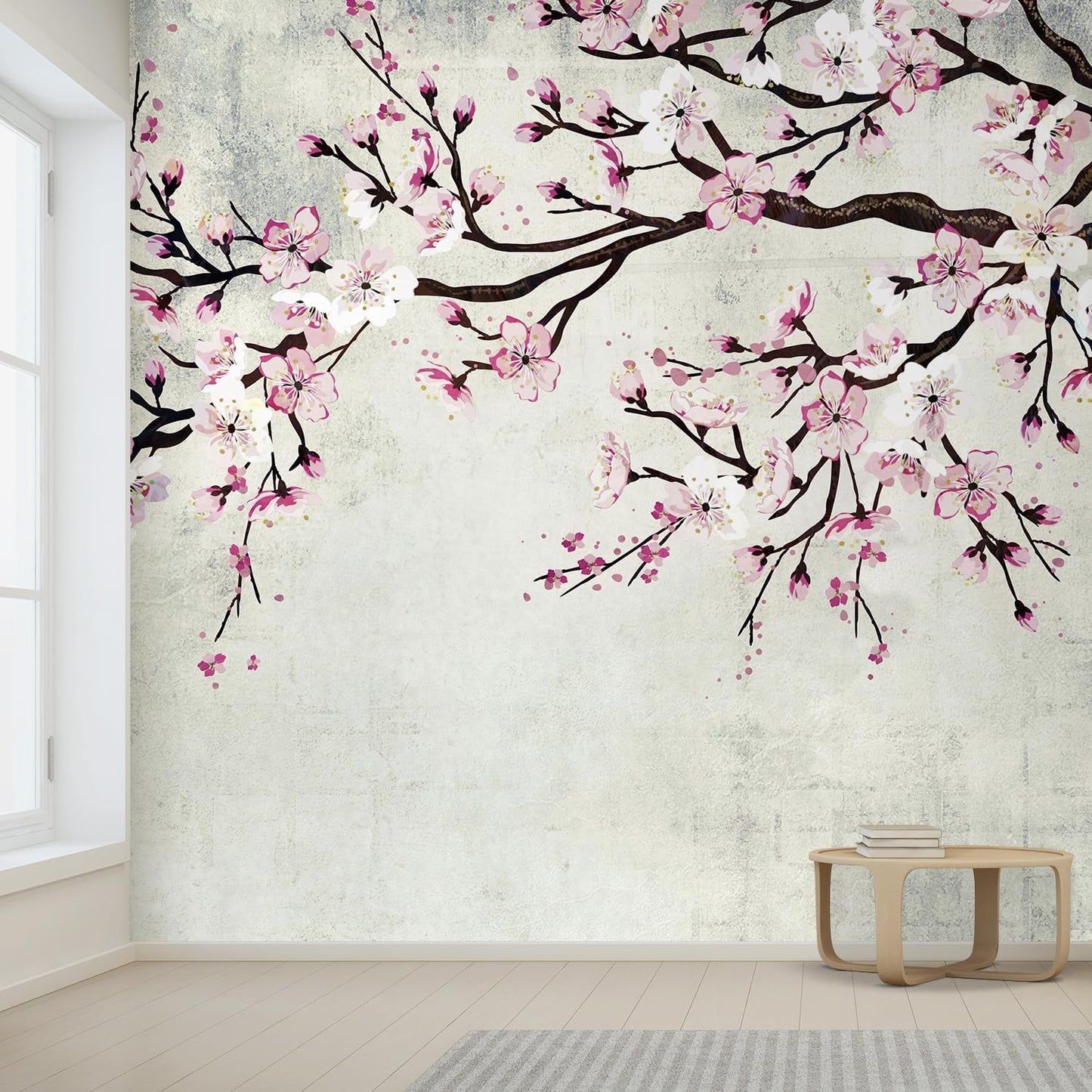 wall26 - Large Wall Mural - Watercolor Style Ink Painting Pink Cherry Blossom on Vintage Wall Background | Self-Adhesive Vinyl Wallpaper/Removable Modern Wall Decor - 100x144 inches
