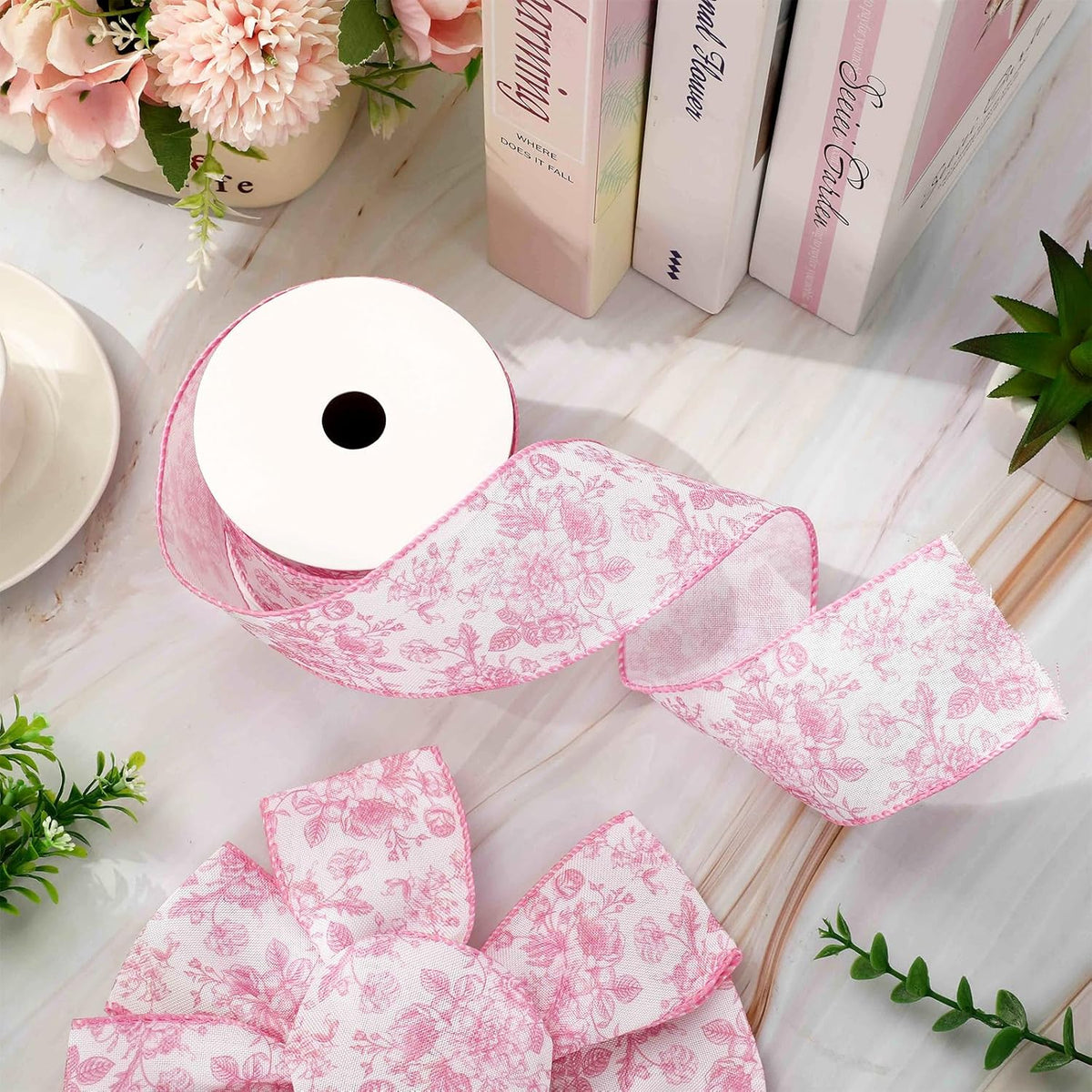 AnyDesign Floral Wired Edge Ribbon Roll Pink Flower Ribbon Chinoiserie Fabric Ribbon for Wreath Bow Making DIY Crafts Gift Wrapping, 12 Yard