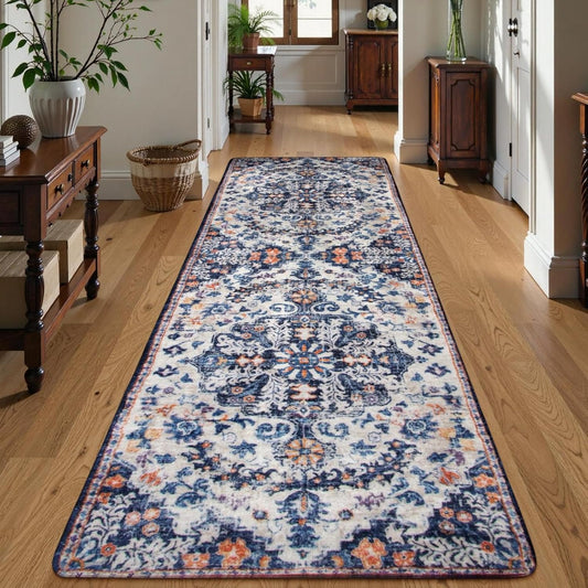 Lahome Runner Rugs for Hallway 2'8"x8', Kitchen Runner Rugs Non Skid Washable, Bohemian Non Shedding Low Pile Printed Indoor Throw Carpet Runners for Entryway Bathroom Laundry, Blue Purple/Multi