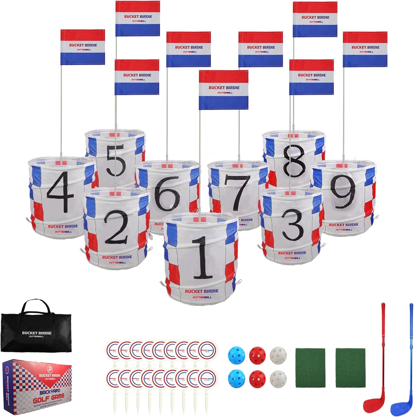 Bucket Birdie Backyard Golf Game — 9 Hole Bucket Golf Yard with Adjustable Clubs, Flags, Balls, Turf Mats, and Carry Bag — Outdoor Golf Game
