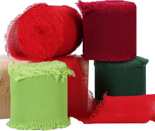 TONIFUL 4 Rolls Silk Chiffon Ribbon 1-1/2 Inch x 22 Yards, Red and Green Handmade Fringe Silk Ribbon Set for Gift Wrapping Flowral Bouquets Crafts Halloween Christmas Wreath Tree and Party Decoration