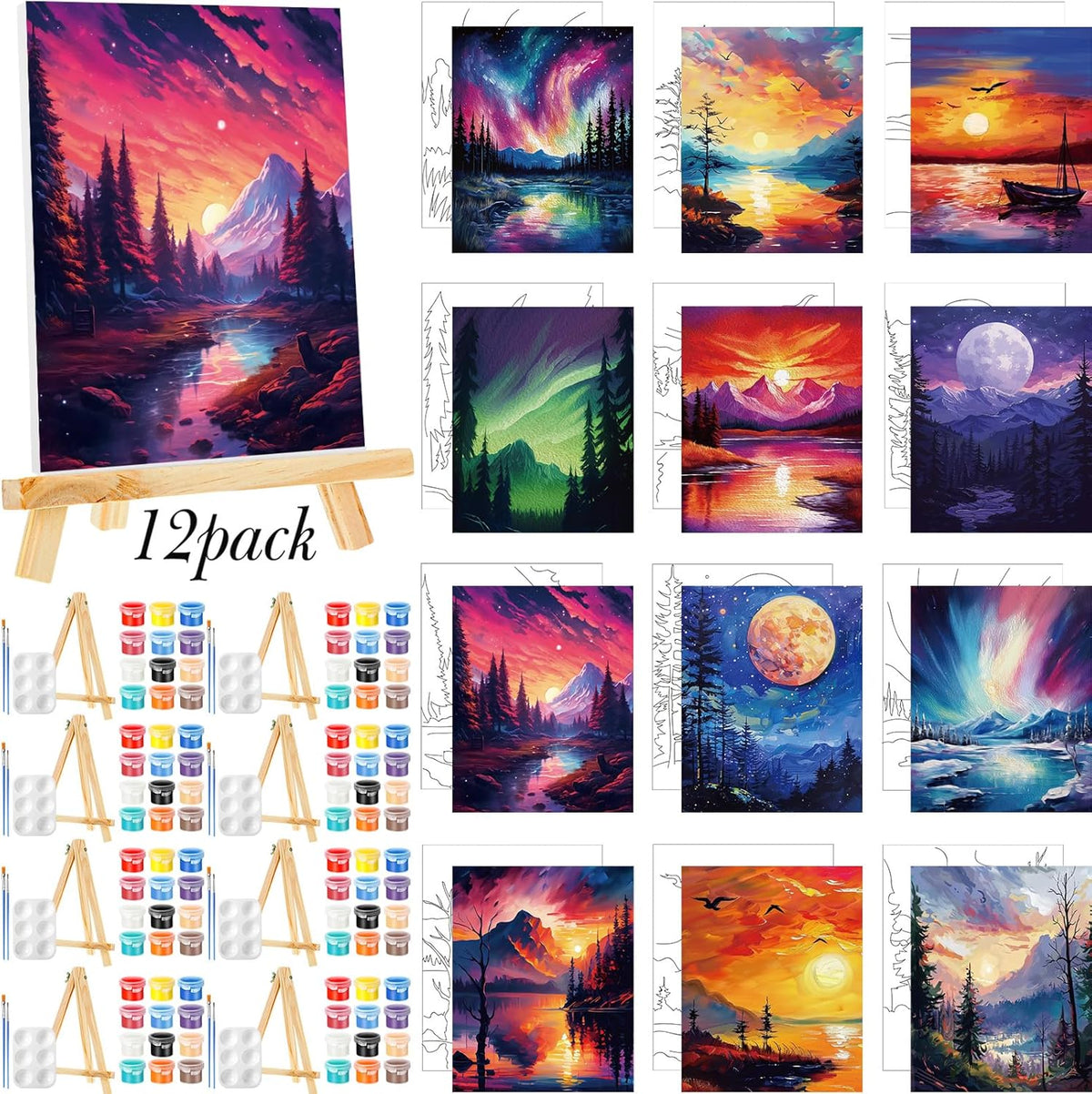 Zhanmai 12 Pack Pre Drawn Canvas for Painting Sip and Paint Kit 8" x 10" Paint Party Set Canvas Painting Pre Printed Canvases for Party Favor DIY Virtual Adult's Date Night(Astronomical Landscape)