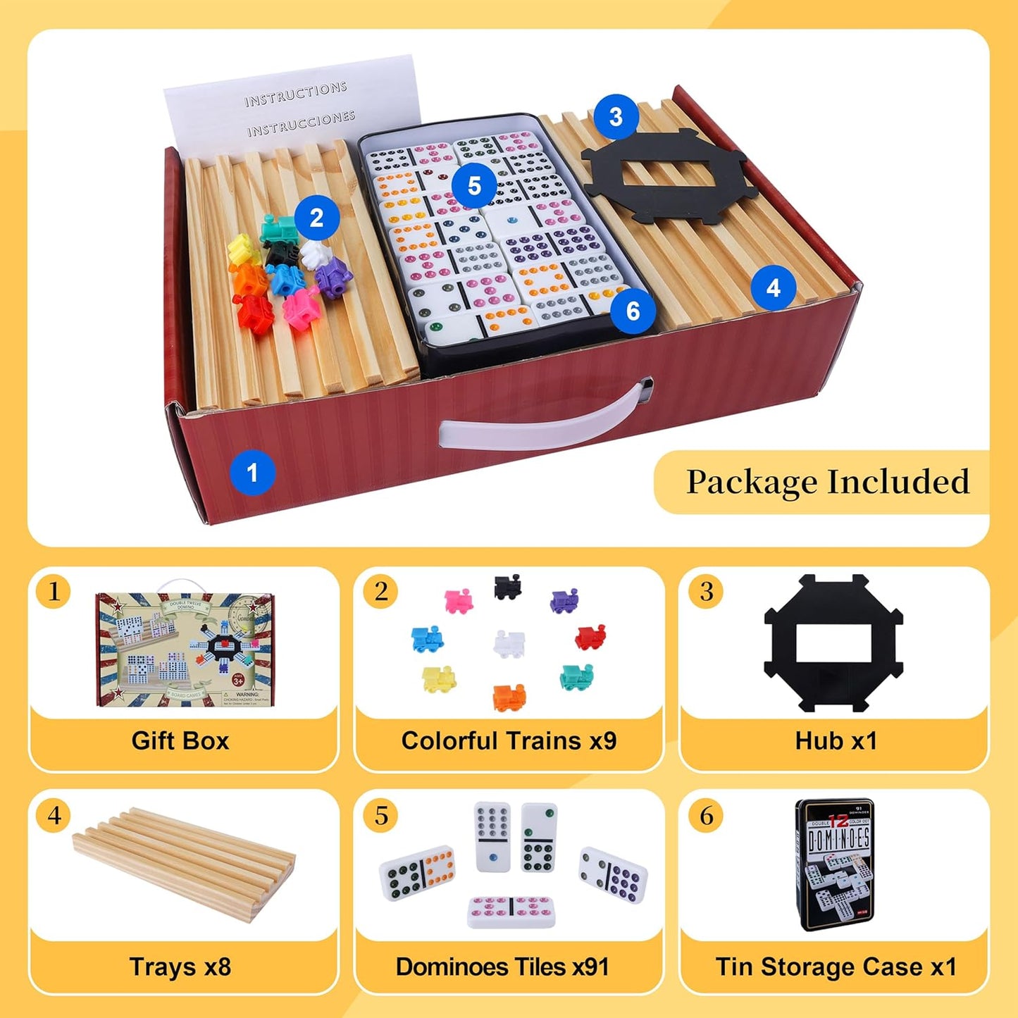 Double 12 Mexican Train Dominoes Set for Adults with 8PCS Wooden Holders, 9 Train Markers, 91 Color Dot Tile Dominos in Tin Box & Hub - Classic Family Board Game Set Party Toy Gift for Kids