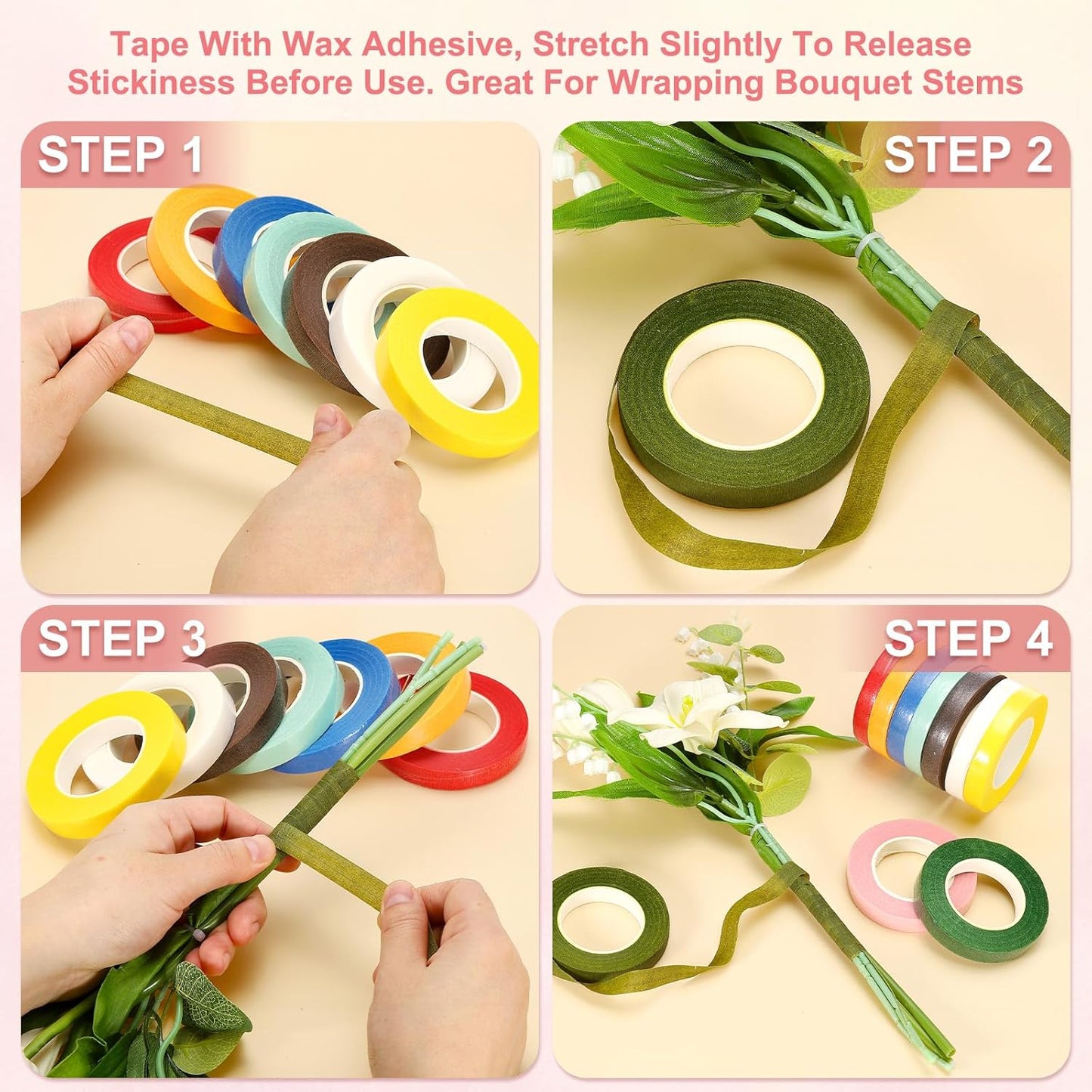 MECCANIXITY 3 Rolls Floral Tapes, 30 Yard x 1/16 in Florist Crepe Flowers Bouquets Tape Adhesive Waterproof for Flower Arranging Wrapping, Deep Green