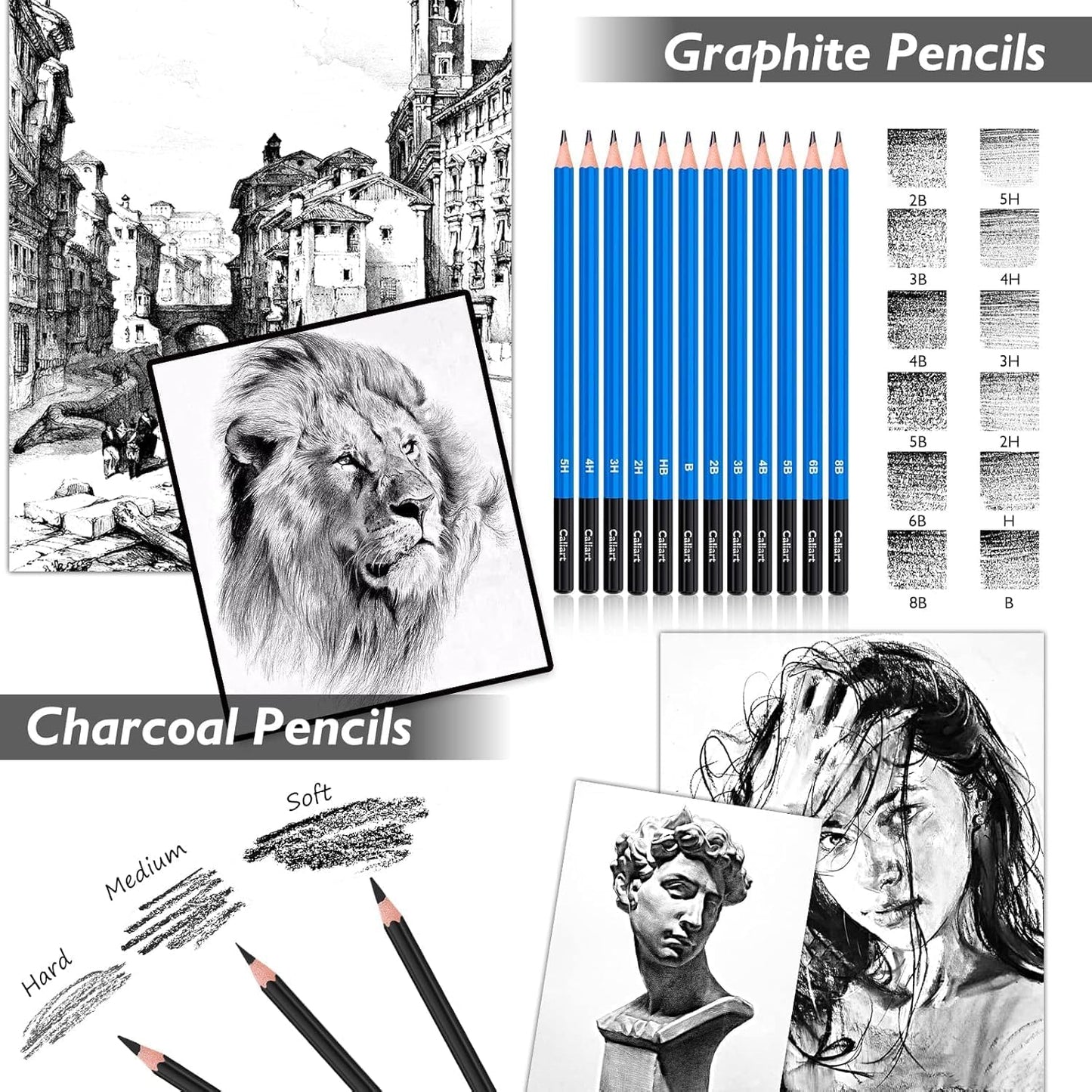 Caliart 176PCS Art Supplies Sketching Kit with 100 Sheets 3-Color Sketch Book, Graphite Colored Charcoal Watercolor & Metallic Pencils, Drawing Supplies Christmas Gifts for Artists Adults Beginners