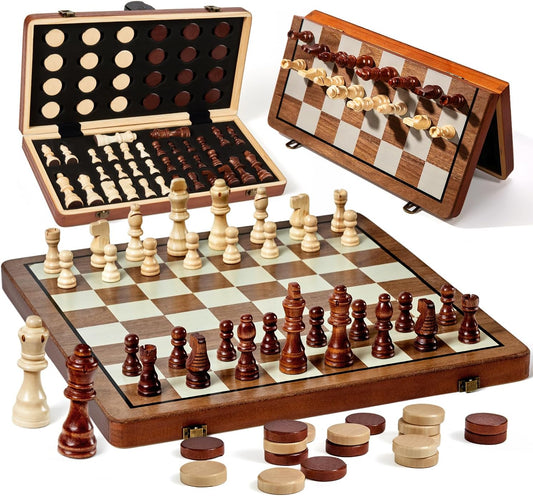 MerryPony 2 in 1 Magnetic Wooden Chess and Checkers Set, 15" Foldable Chess set for Adults & Kids, Chess Board with 2 Extra Queens, Travel Chess Set with Pieces Storage Slots, Ideal Chess for Beginner