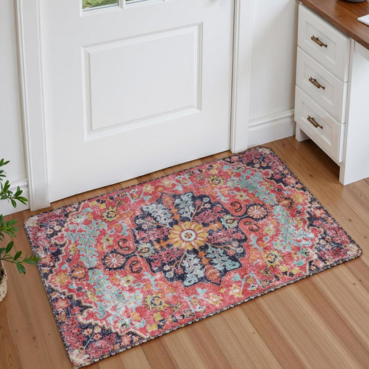 Lahome Bohemian Floral Medallion Area Rug - 2x3 Small Hot Pink Bath Rug Kitchen Sink Mat, Machine Washable Non-Slip Soft Indoor Carpet for Doormat Bedside Apartment Entrance, Fuchsia/Multi