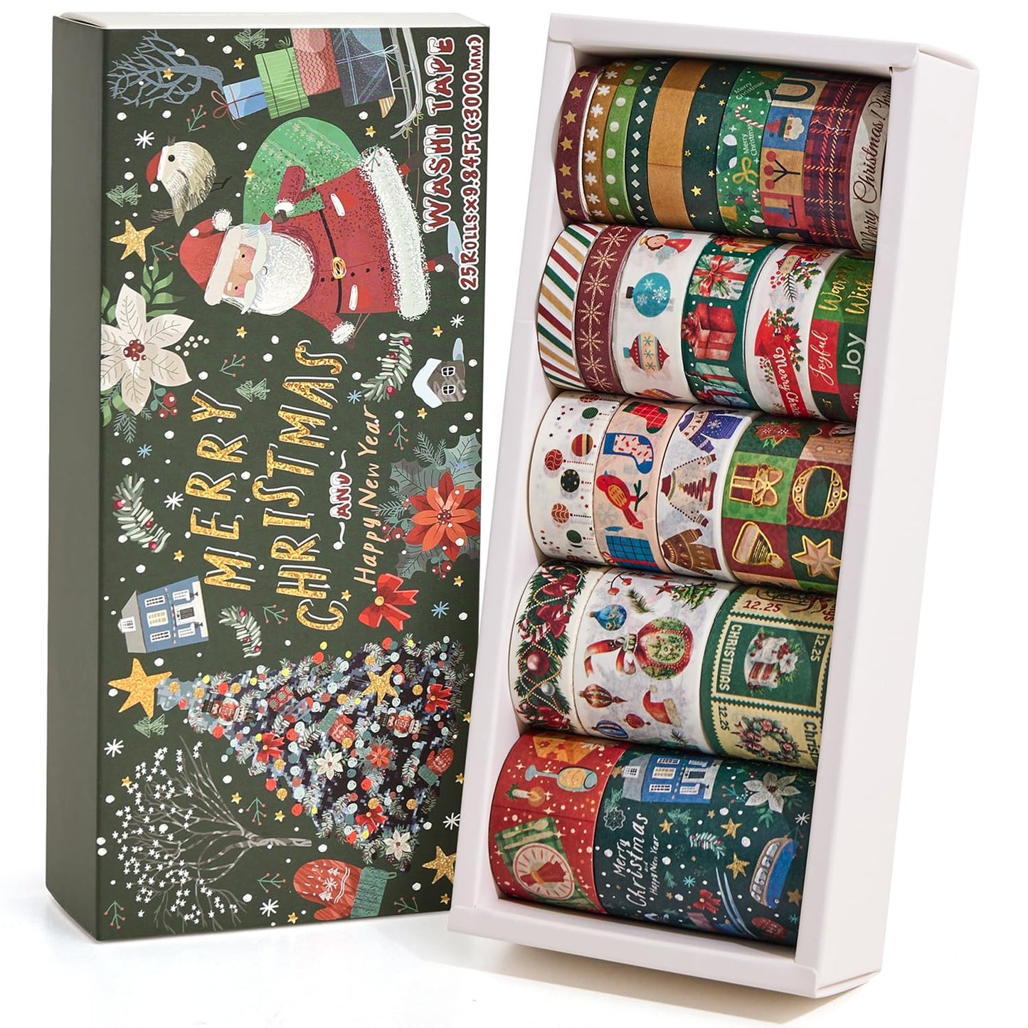 25 Rolls Christmas Gift Washi Tape Set, Festivals New Year Decorative Tapes for Scrapbooking, Junk Journal supplies, DIY Crafts Gift, Party Decorations, Bullet Journaling, 5-50mm Wide 9.84ft long/Roll