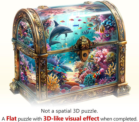 Wooden Puzzles for Adults, Treasure Chest Ocean Wooden Jigsaw Puzzle Unique Shape Animal Wood Puzzles Adult 3D Visual Effect, Birthday Gifts for Puzzle Lovers Family Games (S-8.5 * 8.1in-100pcs)