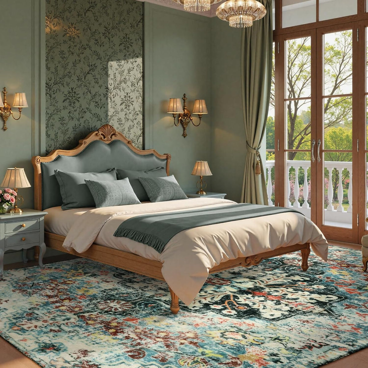 Lahome Area Rugs 9x12 Living Room Boho Washable Rugs 9x12,Large Boho Rugs for Bedroom Dining Room,Floral Soft Non-Slip Printed Low Pile Throw Indoor Floor Carpet for Nursery Kids Playroom(9x12ft,Teal)