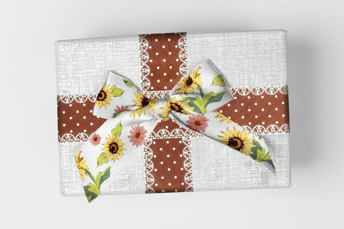 2 Rolls 10 Yard Thanksgiving Fall Wired Ribbon for Crafts Wreath Bow Making Sunflower Dot Ribbon Autumn Harvest Burlap Ribbon for Wrapping Thanksgiving Party Home Decoration 2.5''