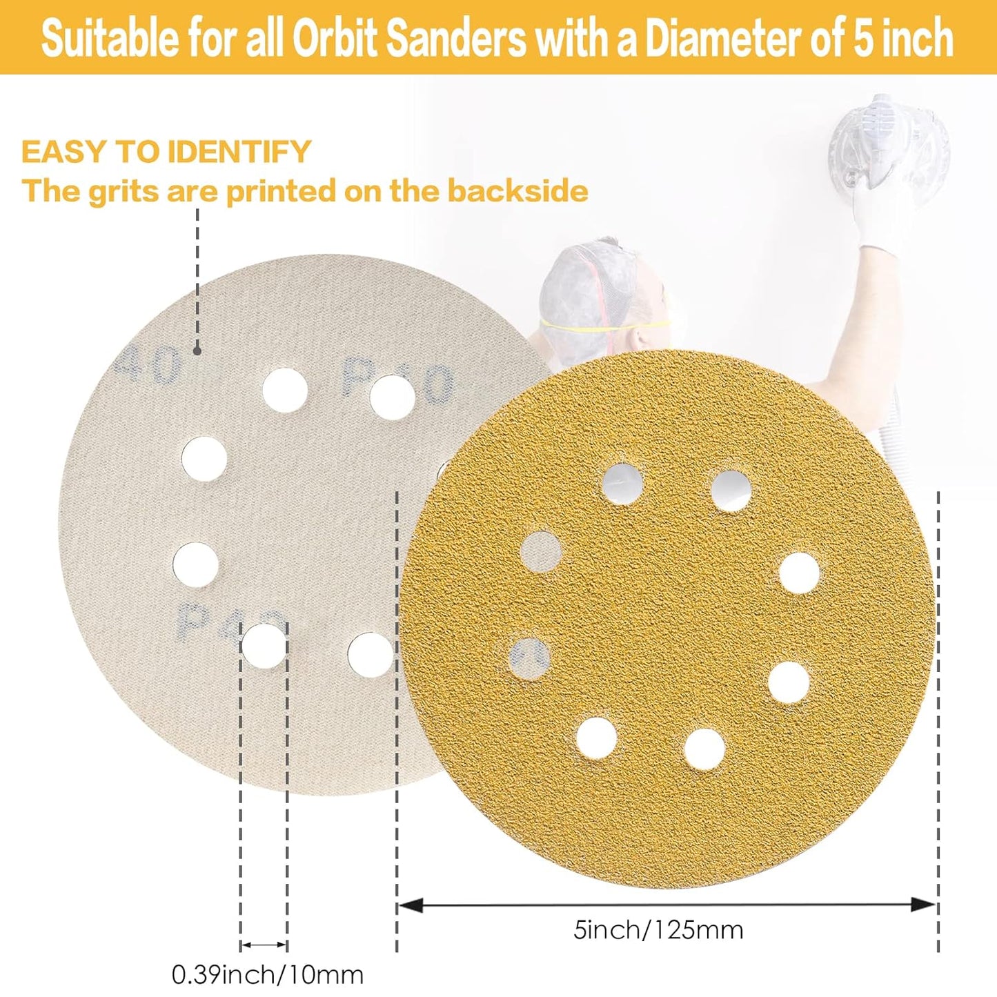 100PCS 5 Inch 8 Hole Sanding Discs 120 Grit,Gold Round Hook and Loop Sandpaper for Random Orbital Sander