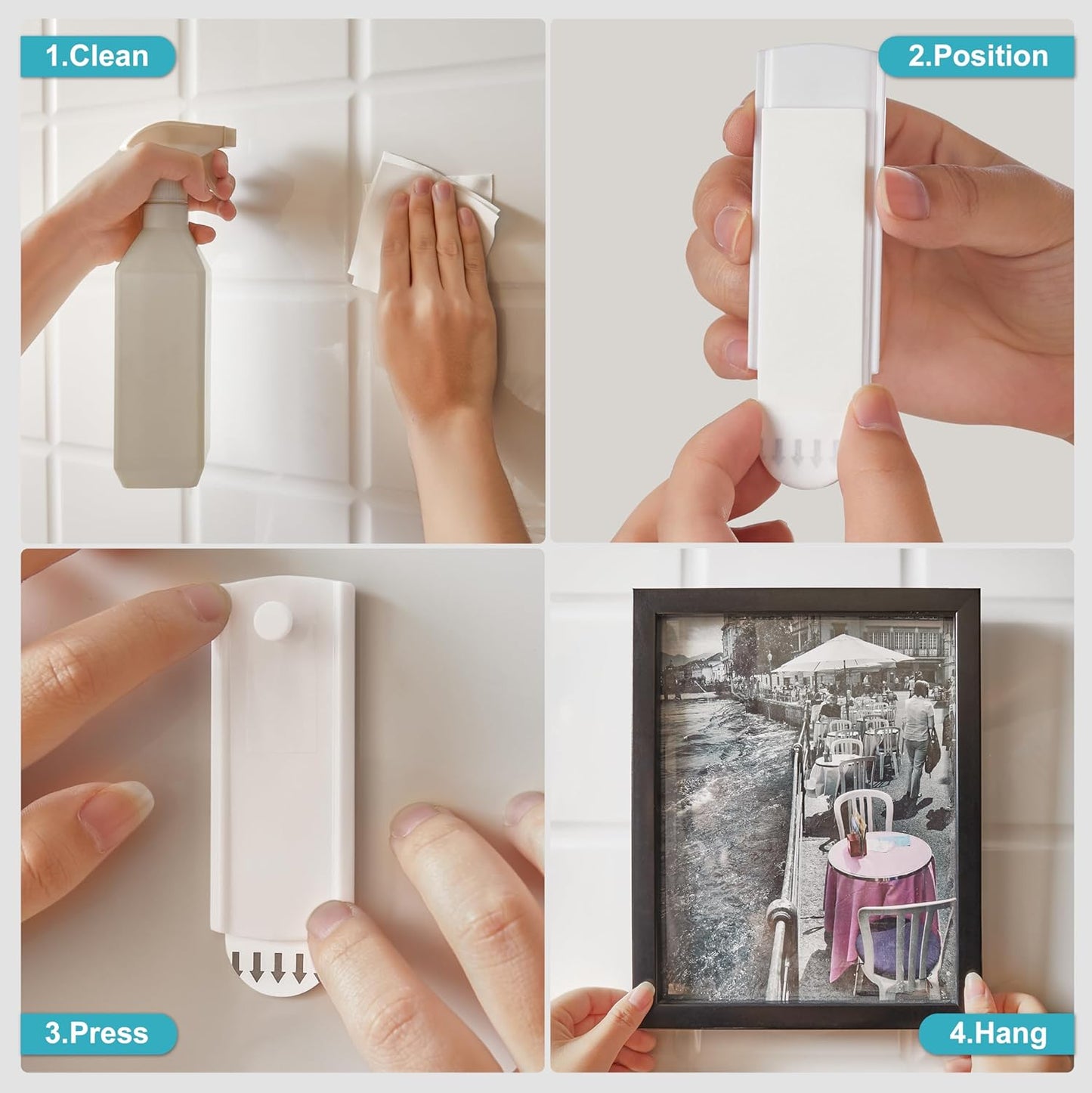 Universal Frame Hanger, Jumbo, 6 Plastic Picture Hangers, 16 Large Removable Adhesive Strips, Damage Free Picture Hanging Hooks Heavy Duty, No Nails Picture Hooks