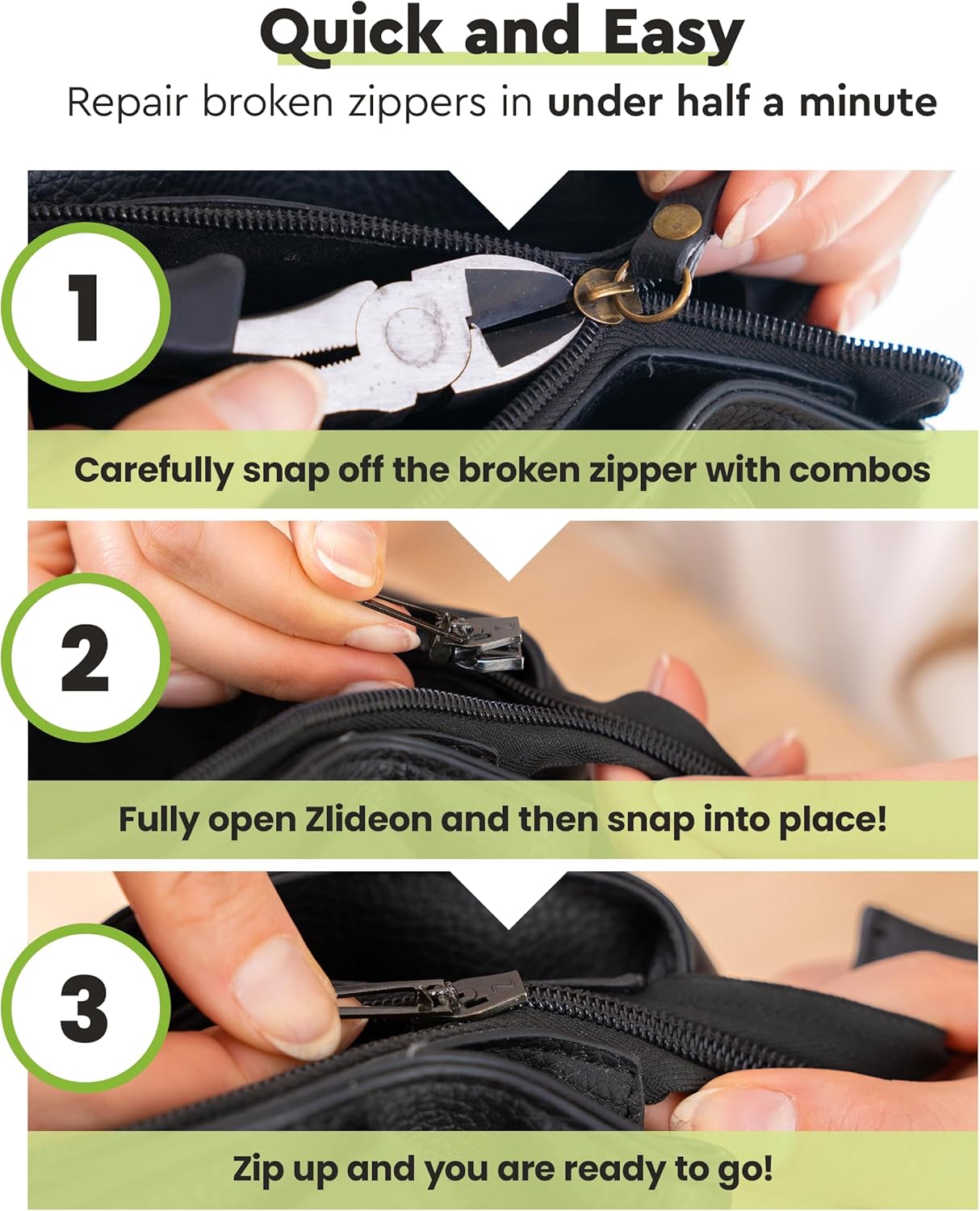 ZlideOn Zipper Pull Replacement - 5pcs, Black, Narrow - Instant Zipper Replacement Slider Multipack
