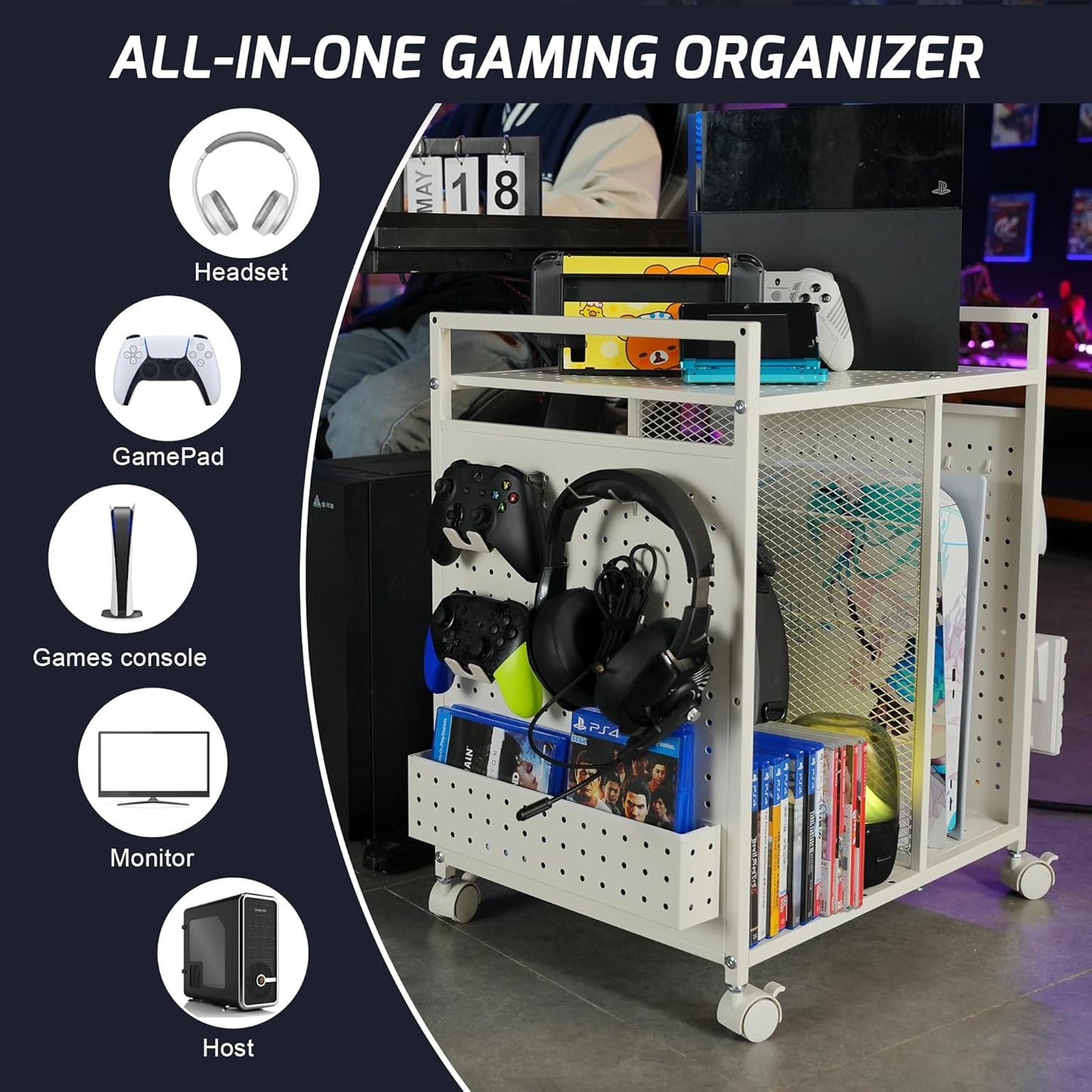 PLKOW Video Game Storage Rack, Game Storage Organizer for Consoles, Controllers, Headphones PS5 PS4 Xbox Switch Nintendo Accessories, Rolling PS5 Console Stand, Perfect Holiday Present, White
