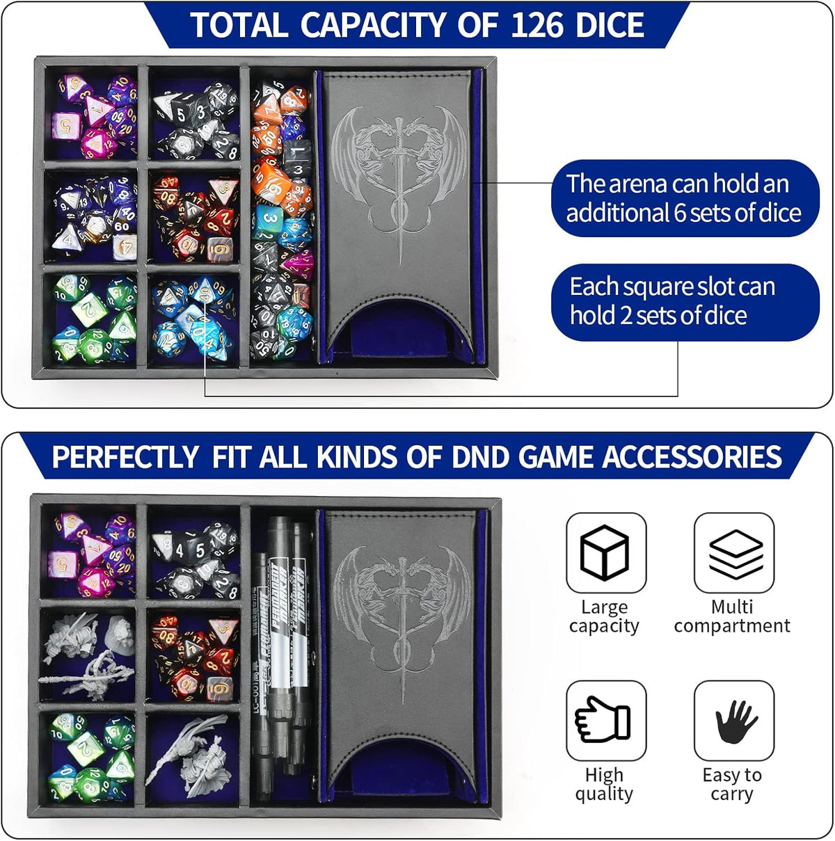 3 in 1 Dice Tray with Lid, Portable Dice Box Storage for DND, Dungeons and Dragons, D&D, MTG & RPG Games - Blue