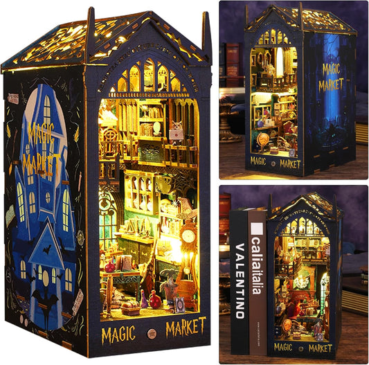 ISSEVE DIY Book Nook Miniature Kits for Adults, 3D Wooden Puzzle Dollhouse Miniature House Kit for Booknook Shelf Insert Decor, Creative Assembled Bookends Bookshelf with Sensor Light (Magic Market)