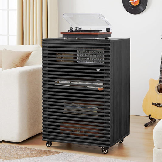LEVNARY 5-Tier AV Media Cabinet with Grille Door & Adjustable Shelves, Modern Wooden Stereo Rack with Cable Management & Wheels, Audio Video Stand for Living Gaming Room Recording Studio (Black)