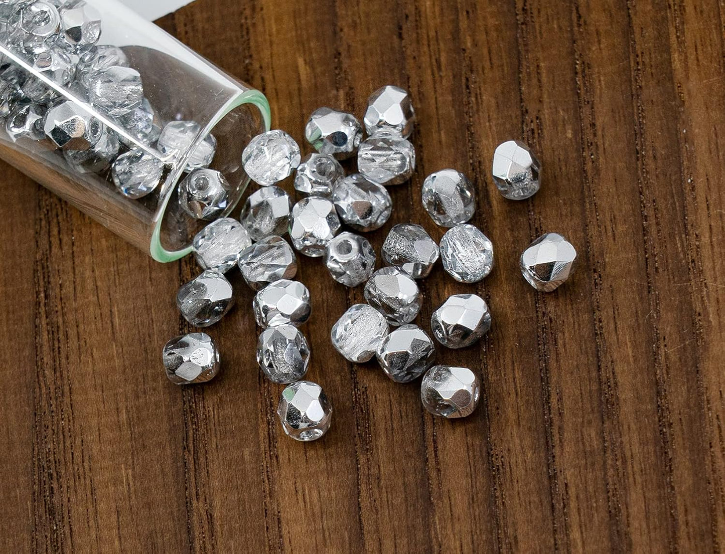 1.8 oz (50g, Approx. 600pcs) of Faceted Fire Polished Pressed Czech Glass Beads 4mm (0.16in), Crystal Silver Aluminum Labrador 00030-27001 BCV